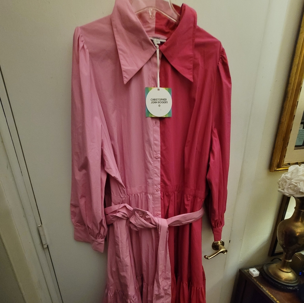 Christopher John Rogers Pink Colorblock Shirt Dress - Size 26/28